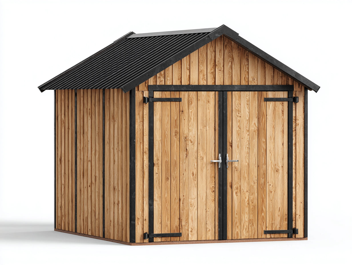 Abri de jardin - Bois - 285 x 215 x 240 cm - Bois miel-Noir - Style rustique avec double porte