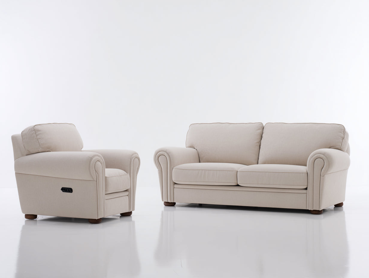 Ensemble de canapés - Tissu - 195cm x 95cm x 91cm - Beige clair-Brun - Style classique avec fauteuil inclinable électrique