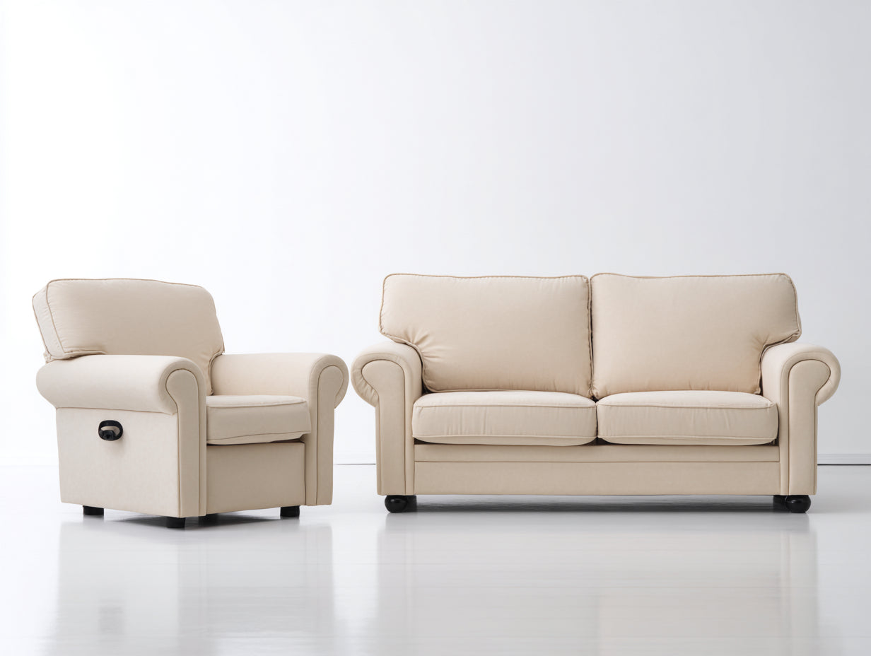 Ensemble de canapés - Tissu - 194cm x 94cm x 92cm - Beige clair-Noir - Style classique avec fauteuil inclinable manuel