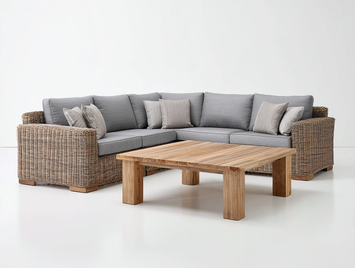 Canapé de jardin - Résine tressée-Tissu - 278 x 278 x 80 cm - Marron-Gris-Bois naturel - Style contemporain