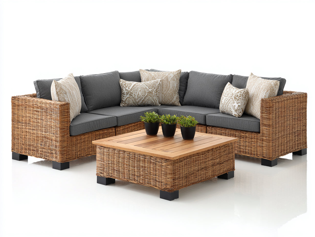 Canapé de jardin - Résine tressée-Tissu - 268 x 268 x 80 cm - Marron-Gris anthracite-Bois naturel - Style contemporain
