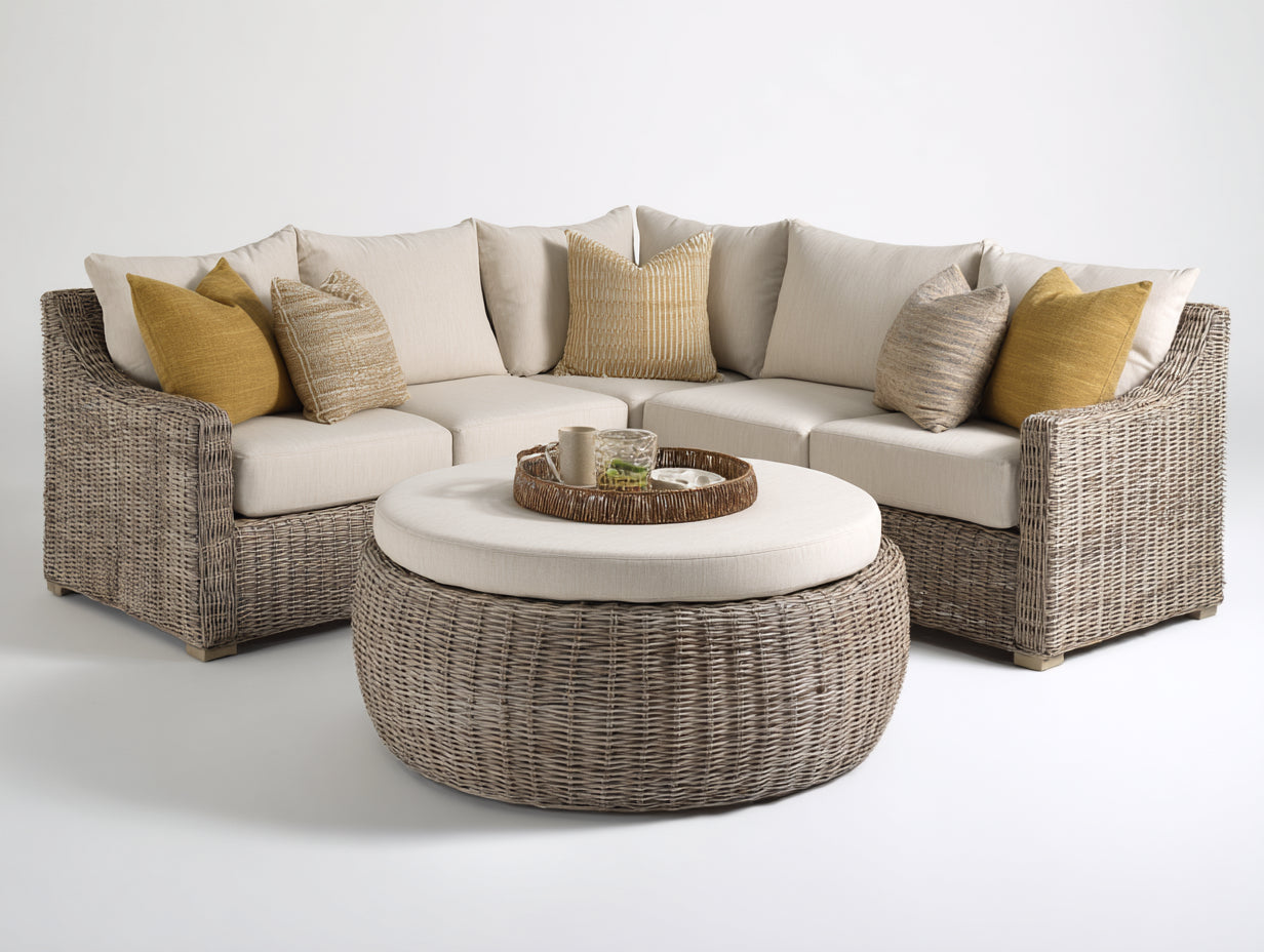 Canapé de jardin - Résine tressée-Tissu - 286 x 286 x 79 cm - Grège-Écru - Style contemporain