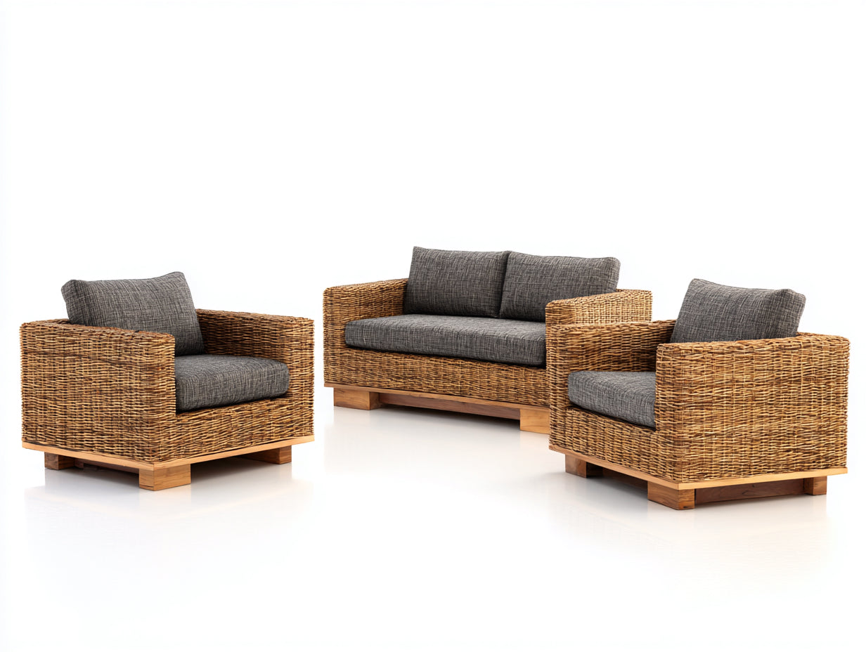 Canapé de jardin - Résine tressée-Tissu-Bois - 160 x 82 x 78 cm - Marron-Gris anthracite-Bois naturel - Style contemporain