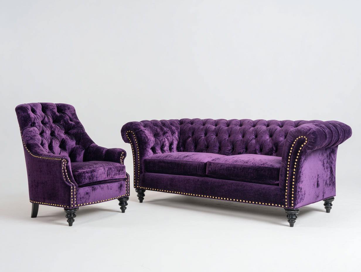 Ensemble de canapés - Velours - 188cm x 92cm x 86cm - Violet foncé-Noir-Doré - Style Chesterfield capitonné