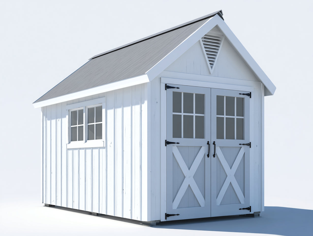 Abri de jardin - Bois - 245 x 190 x 242 cm - Blanc-Gris clair - Style grange avec double porte vitrée et fenêtre latérale