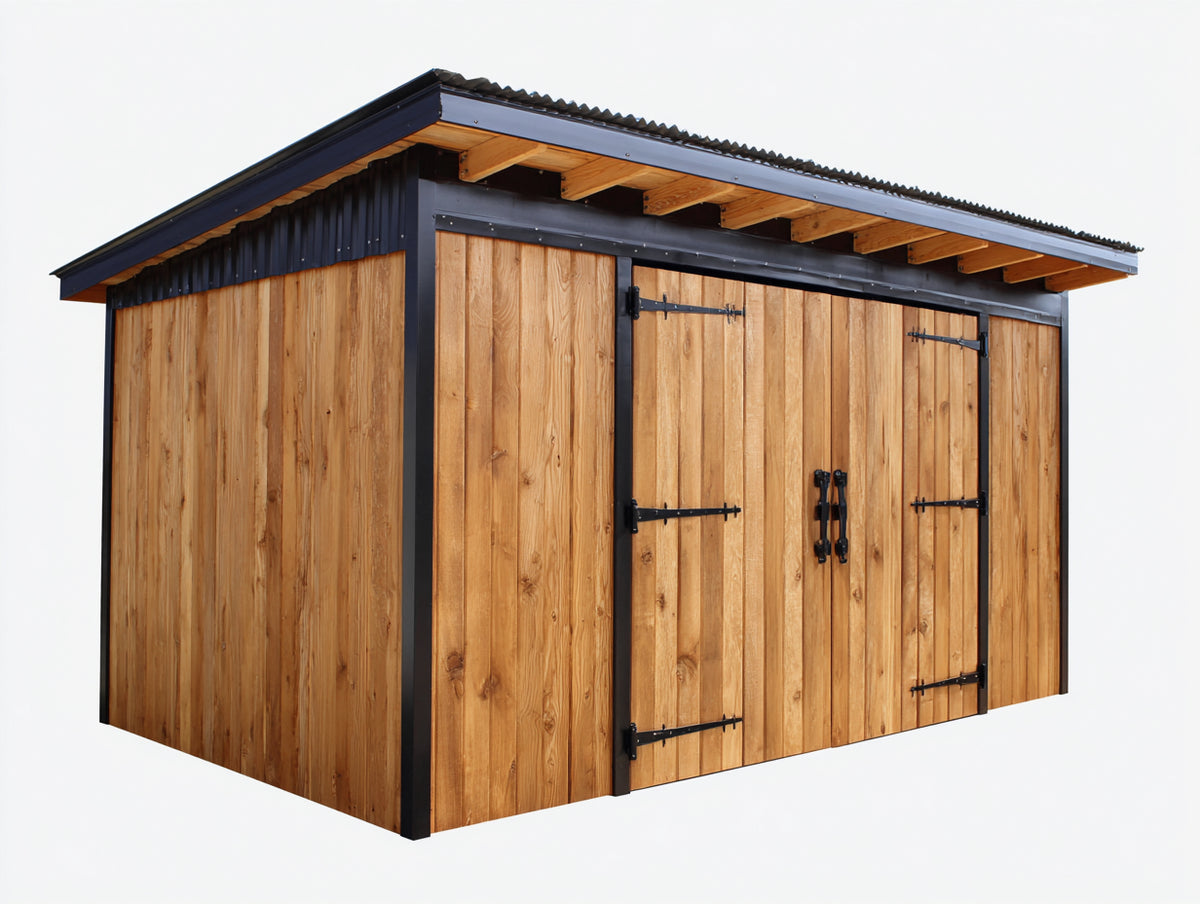 Abri de jardin - Bois - 350 x 225 x 230 cm - Bois miel-Noir - Style atelier avec toit monopente et double porte