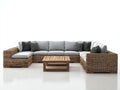 Canapé de jardin - Résine tressée-Tissu-Bois - 348 x 225 x 80 cm - Marron-Gris clair-Bois naturel - Style contemporain