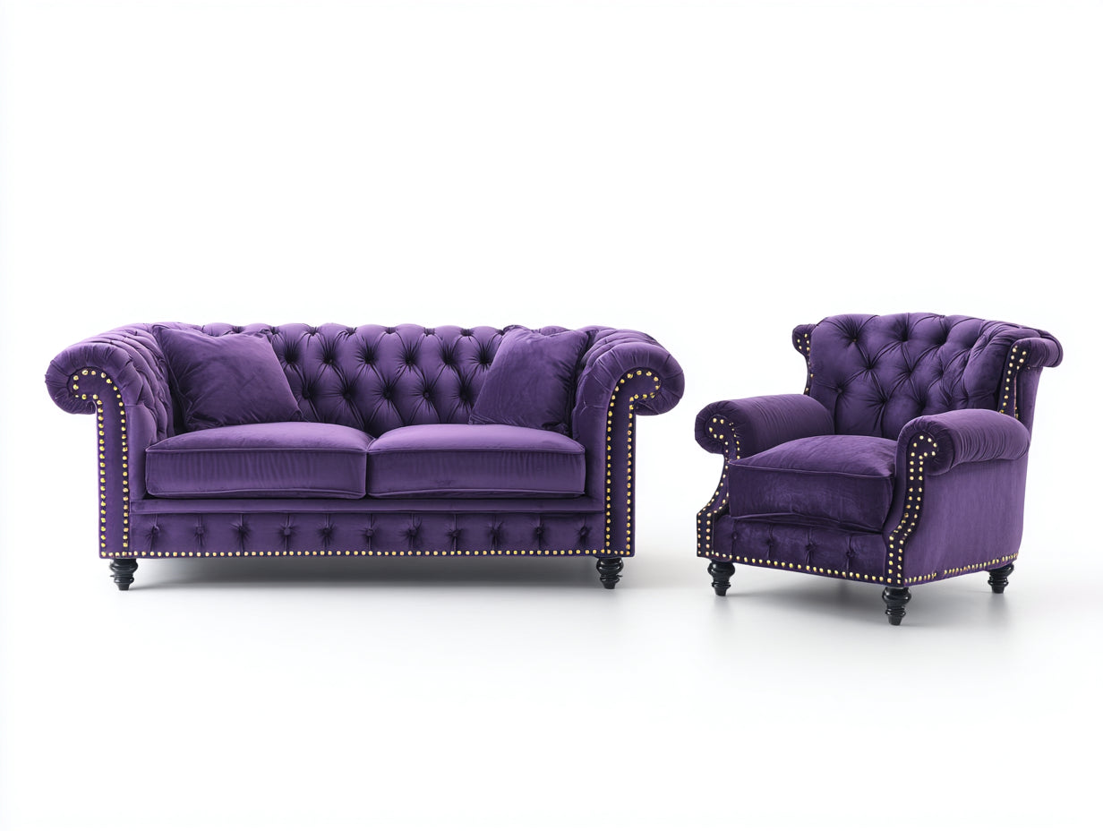 Ensemble de canapés - Velours - 192cm x 93cm x 86cm - Violet foncé-Noir-Doré - Style Chesterfield capitonné