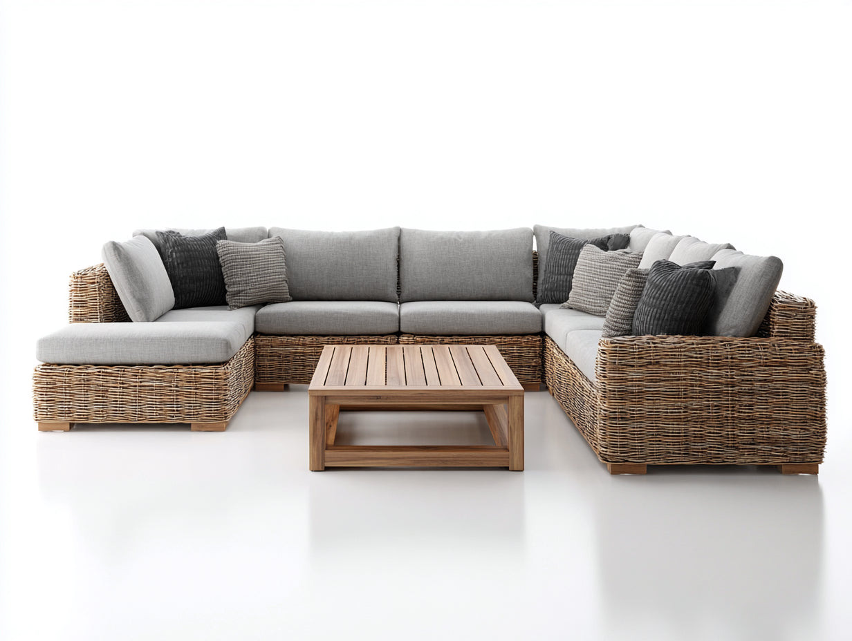 Canapé de jardin - Résine tressée-Tissu-Bois - 315 x 220 x 79 cm - Marron-Gris clair-Bois naturel - Style contemporain