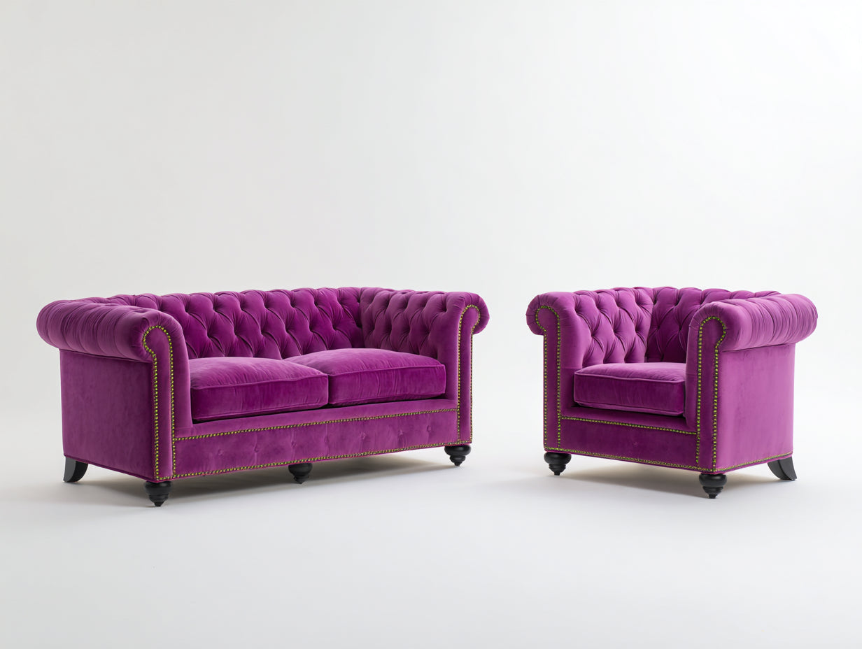 Ensemble de canapés - Velours - 192cm x 94cm x 88cm - Violet fuchsia-Noir-Doré - Style Chesterfield capitonné