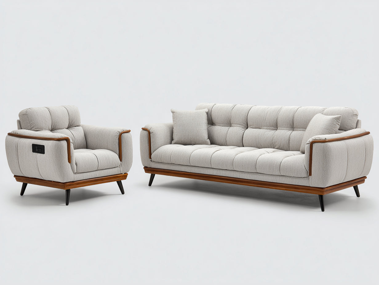 Ensemble de canapés - Tissu-Bois - 226cm x 97cm x 91cm - Gris clair-Brun-Noir - Style contemporain avec fauteuil inclinable électrique