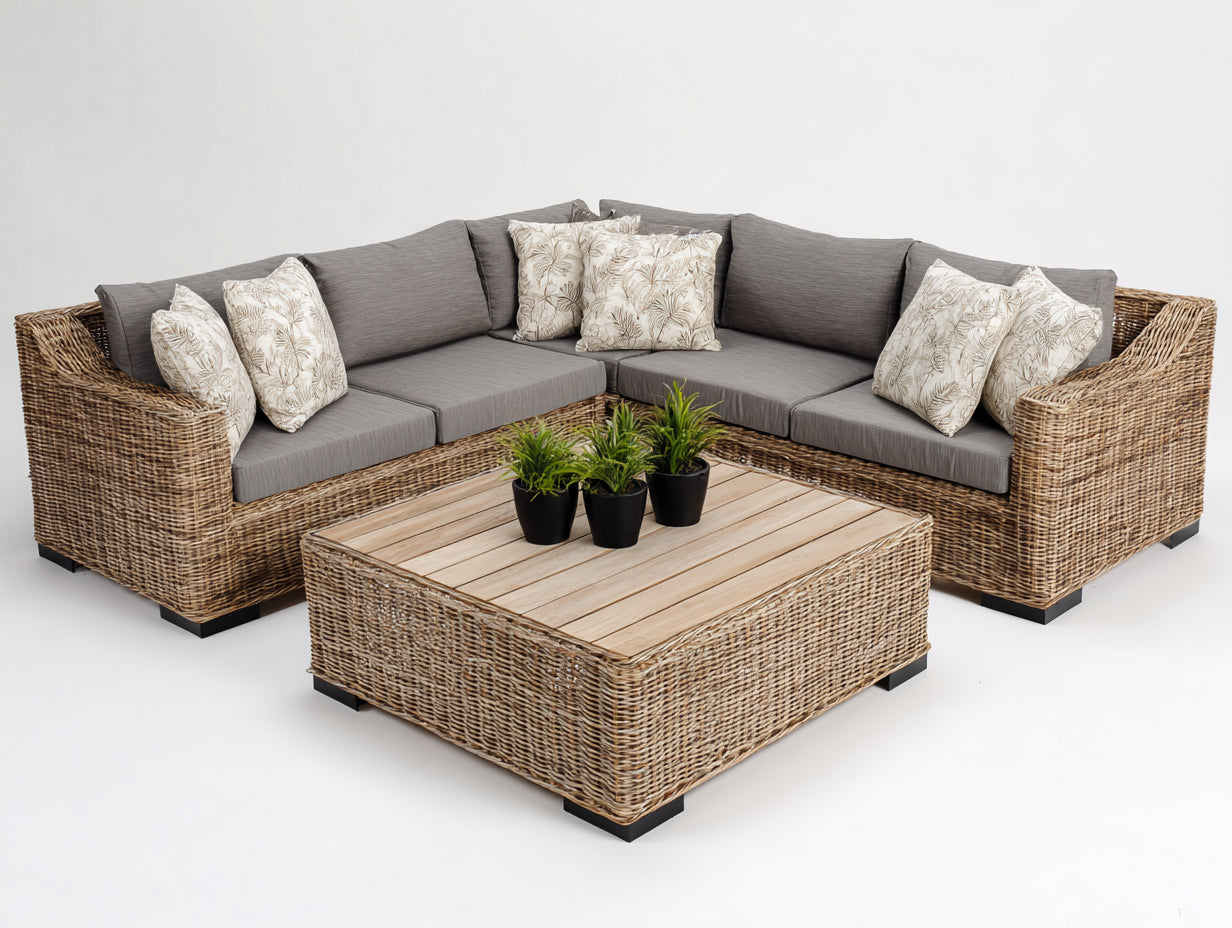 Canapé de jardin - Résine tressée-Tissu - 272 x 272 x 81 cm - Gris taupe-Marron-Bois naturel - Style contemporain