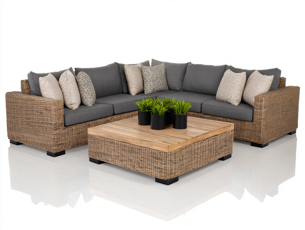 Canapé de jardin - Résine tressée-Tissu - 245cm x 245cm x 79cm - Gris anthracite-Beige naturel-Bois clair - Style contemporain