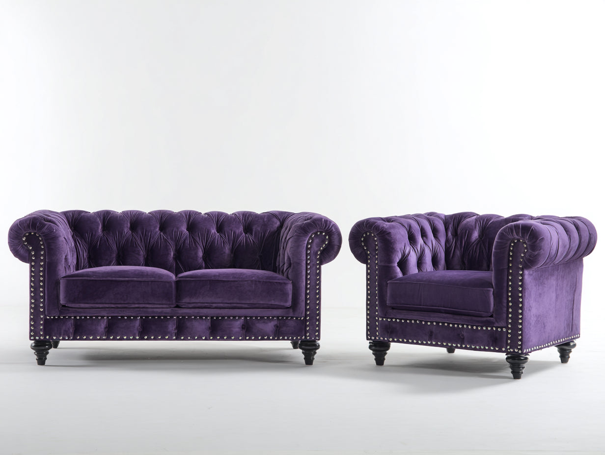 Ensemble de canapés - Velours - 190cm x 94cm x 84cm - Violet foncé-Noir-Argenté - Style Chesterfield capitonné